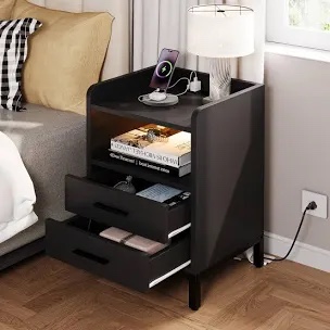 Nightstand with 2 AC Outlets and 2 USB Ports, LED Lights and 2 Drawers Color: Black
