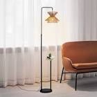 65.19" Black Rattan Tray Table Floor Lamp
