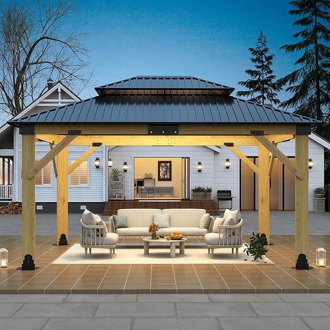 (incomplete box 1 of 5 )model C-MTSJY24-G010-1 13’x15’ Outdoor Wooden Gazebo - Patio Cedar Wood Gazebo with Double Galvanized Steel Roof, Hardtop Wood Frame Gazebos for Garden, Lawn, Poolside, Backyard Deck