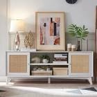 white Linets Natural Rattan TV Stand,TV Console Table With Adjustable Shelves For TVs Up 75"