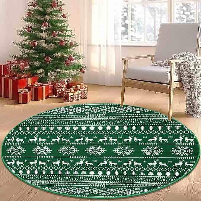 Yamaziot Christmas Round Area Rug 4Ft, Non-Slip Washable Snowflake Living Room Carpet with Rubber Backing, Low Pile Faux Wool Soft Rug in green for Holiday Decor, Xmas, Nursery and Bedroom