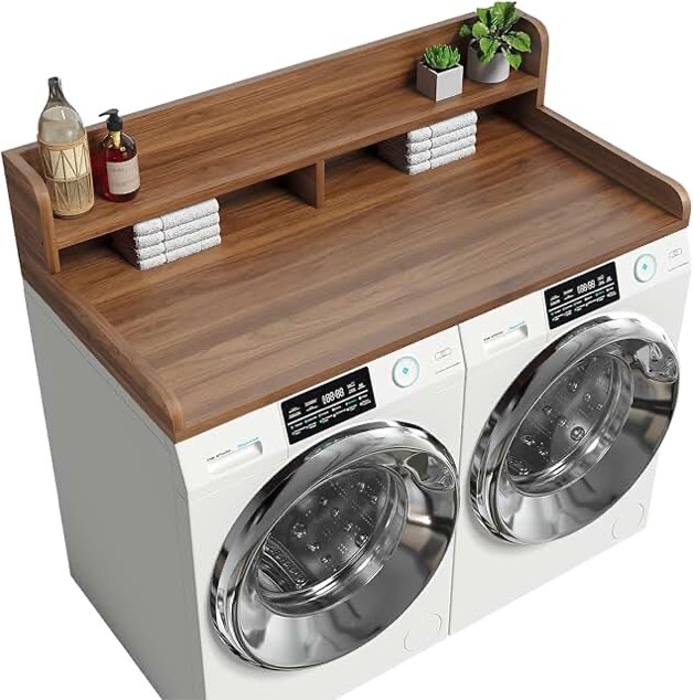 2-Tier Washer Dryer Countertop with 2.75" H Edge Rails, 54" W x 27.55" D Laundry Countertop for Folding Clothes, Washer and Dryer Topper with Non-Slip Pad (Black) Black 2 Tier-54" W x 27.55" D