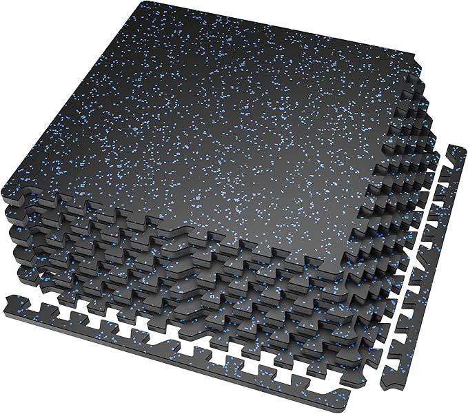 SUPERJARE 0.56'' Thick 6 Pcs 24 Sq Ft Rubber Top Exercise Equipment Mats, High Density EVA Foam Mats with Rubber Top, Interlocking Gym Flooring for Home Gym, Protective Workout Mat, Black/Blue
