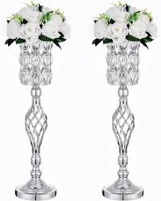 24in Metal Diamond Crystal Wedding Centerpiece Vases for Tables Set of 2, Silver Versatile Tall Flower Holders Centerpiece Flower Stands for Wedding Party Reception Home Décor