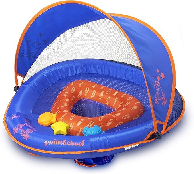 SwimSchool Baby Pool Float with Adjustable Canopy - 6-24 Months - Includes 5-Toy Interactive Play Co