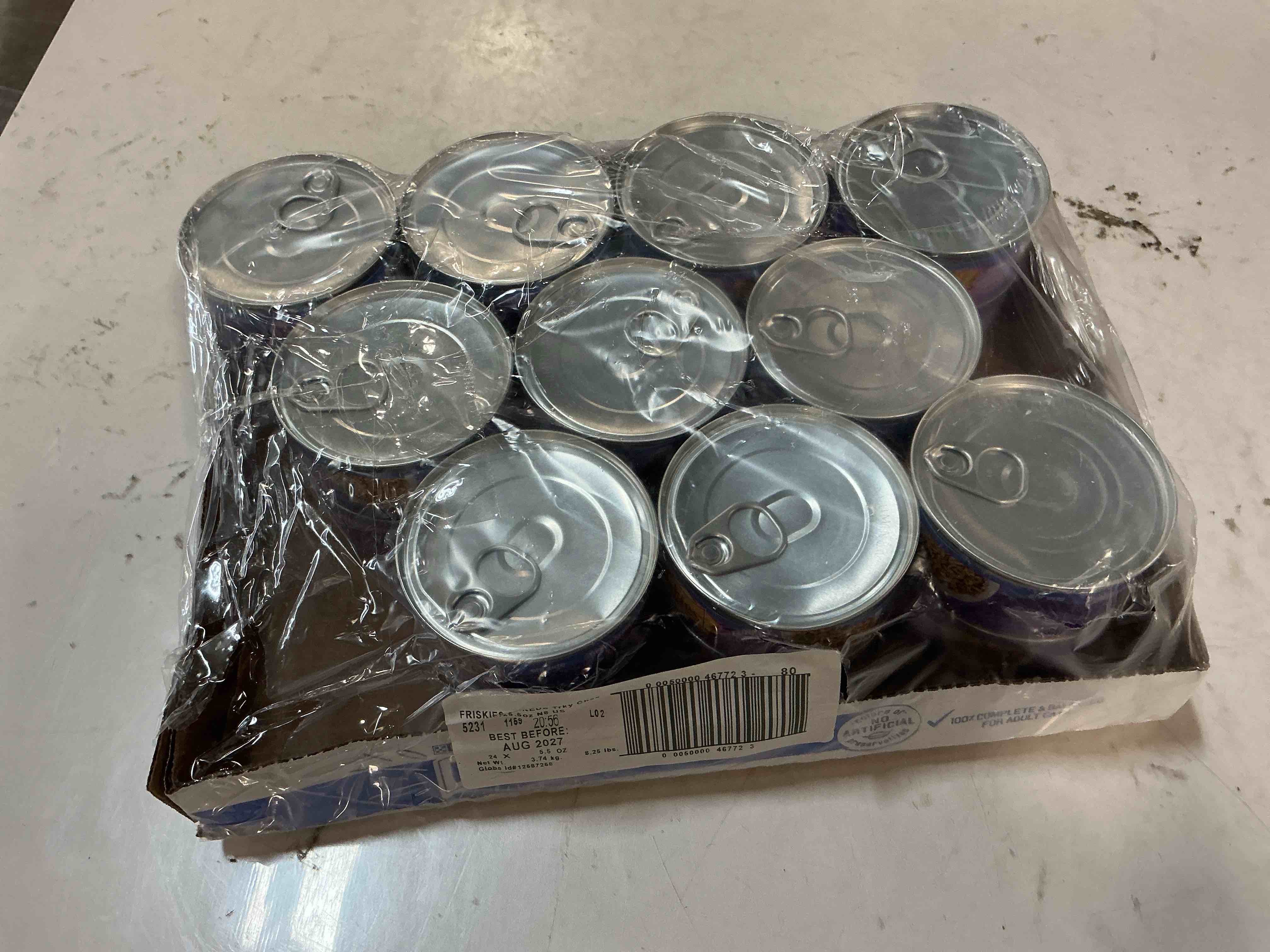 Condition photo showing New/Like New for (best by 8/27) Purina Friskies Shreds Turkey and Cheese Dinner in Gravy High Protein Wet Cat Food - (Pack of 20) 5.5 oz. Cans