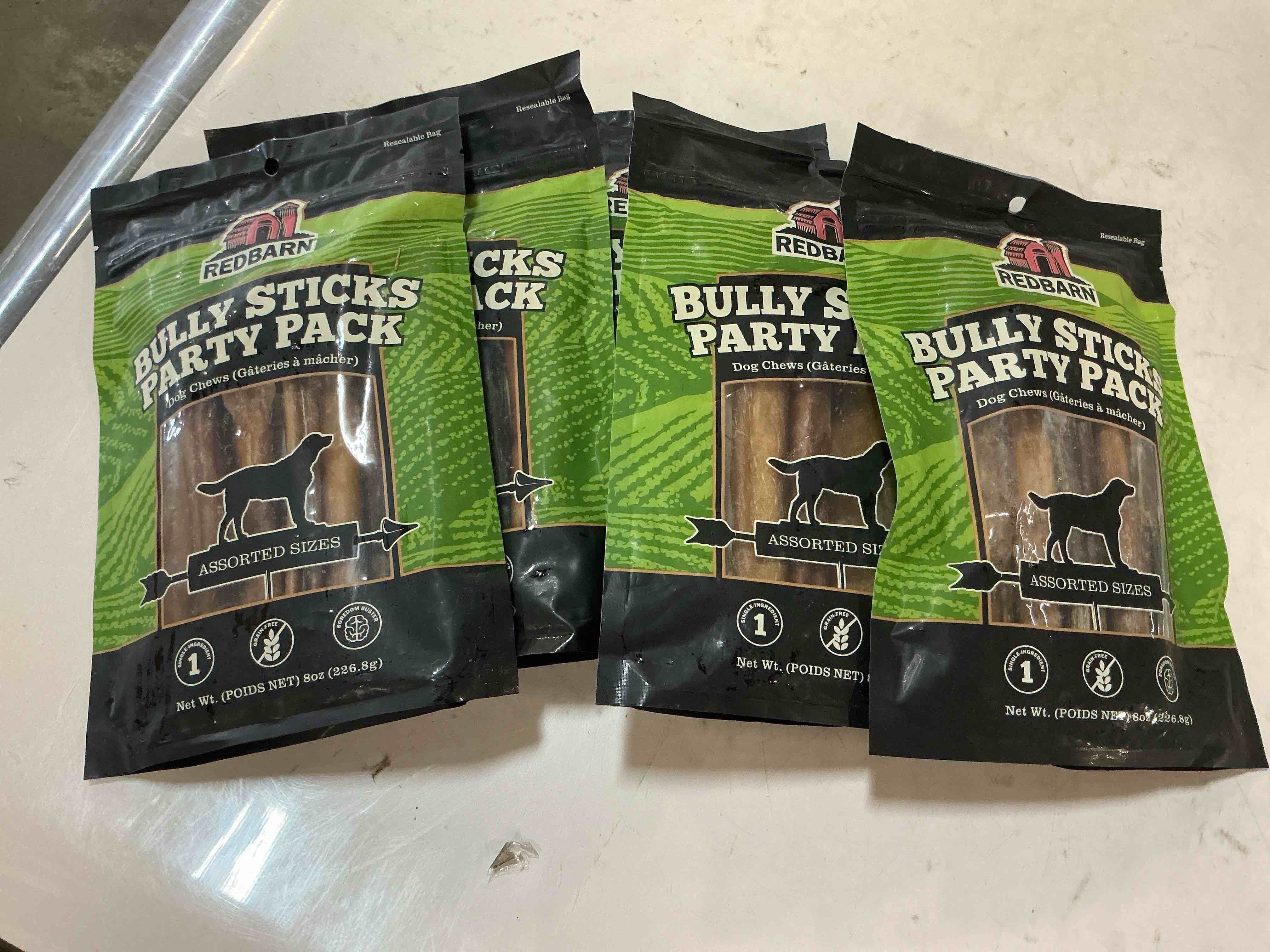 Condition photo showing New/Like New for (5 packs total) Redbarn Pet Products All Natural 5"-8" Bully Sticks for Small & Large Dogs - Healthy Long Lasting Chews Variety Party Pack - 100% Beef Single Ingredient Low Odor Rawhide Free Dental Treats - 8 oz Bag 5"-8" 8 Ounce (Pack of 1)