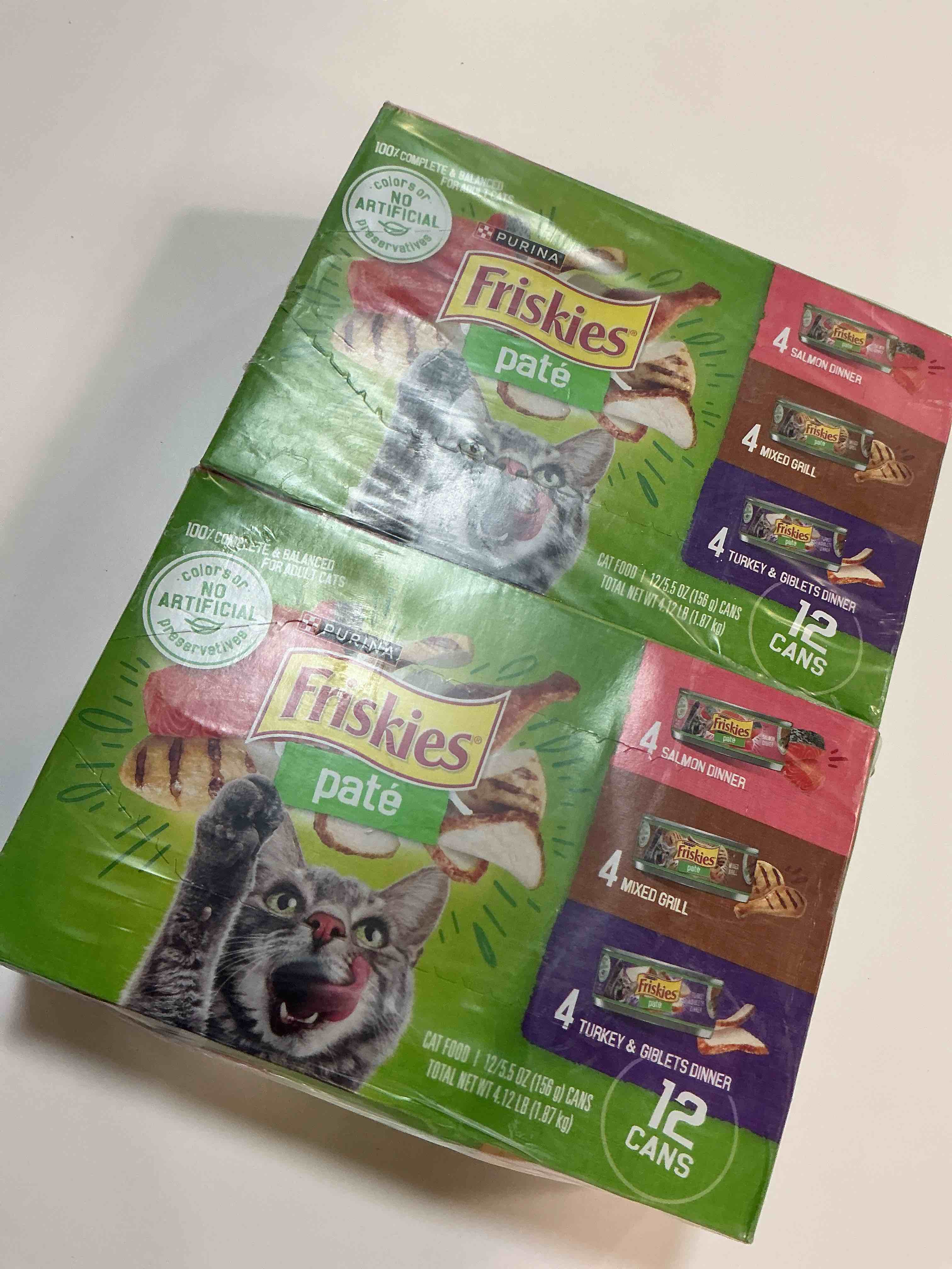 Condition photo showing New/Like New for (24 Pack) Friskies Pate Wet Cat Food Variety Pack  Salmon  Turkey & Grilled  5.5 oz. Cans, (best by Dec 2026)