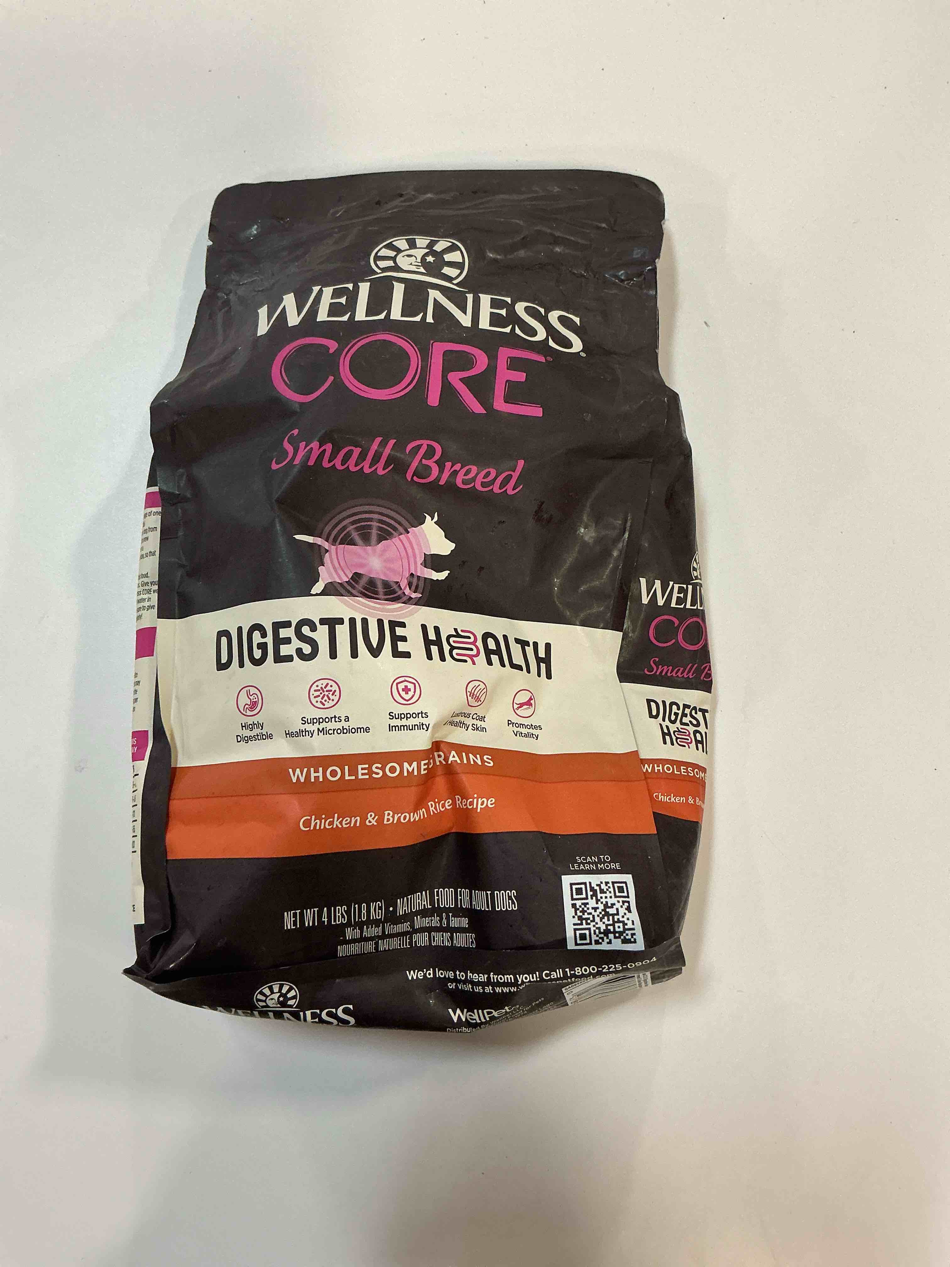 Condition photo showing New/Like New for (best by 8/20/25) Wellness CORE Digestive Health Dry Dog Food, Small Breed, Wholesome Grains, Natural, Recipe for Dogs with Sensitive Stomachs, Chicken, (4-Pound Bag)