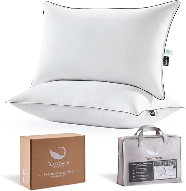 Luxury Soft Goose Feather Down Pillows Queen Size Set Of 2, High Support Feather Pillows with 750 Fi