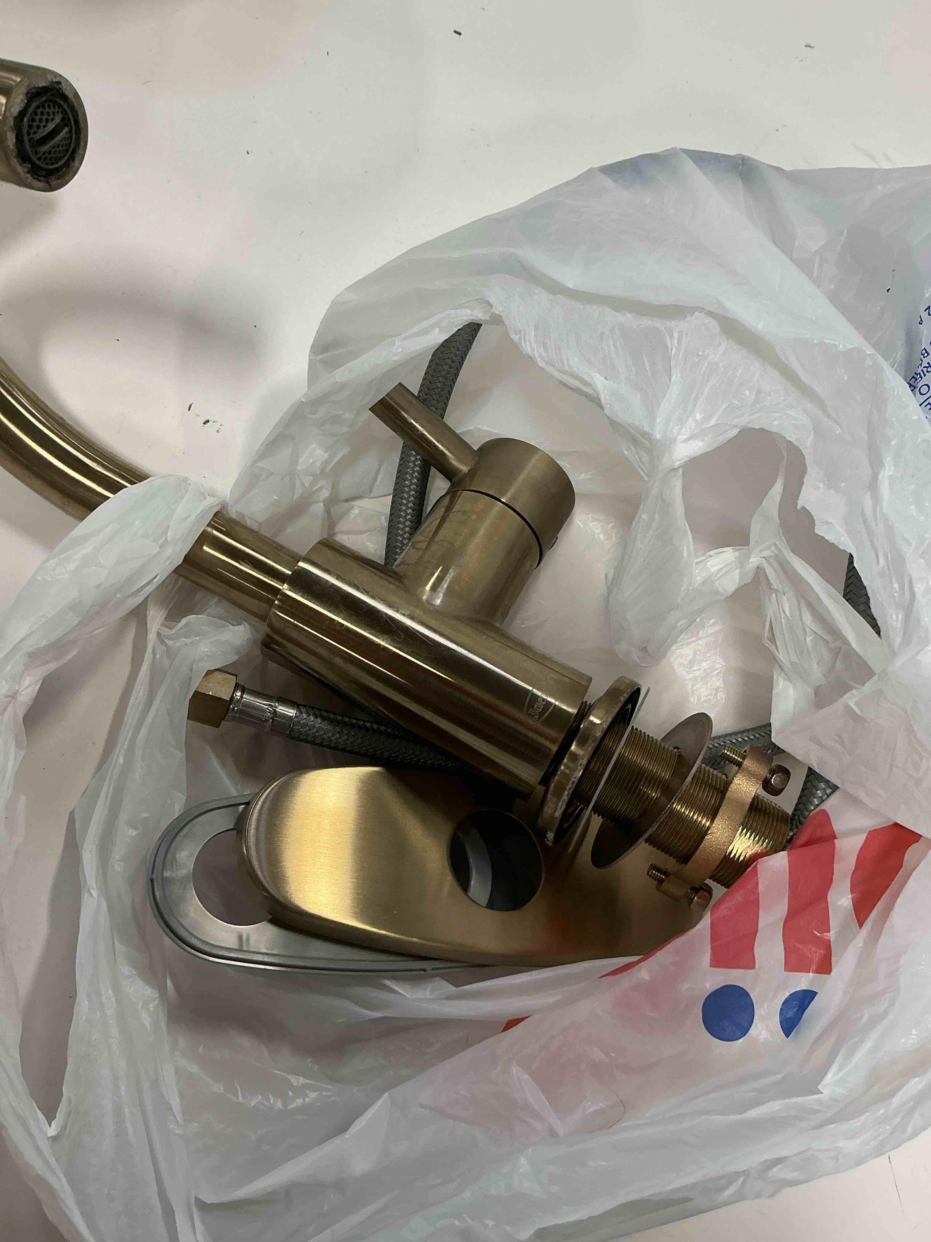 Condition photo showing As Is for (incomplete) allen + roth Harlow Brushed Gold Widespread 2-handle WaterSense Mid-arc Residential