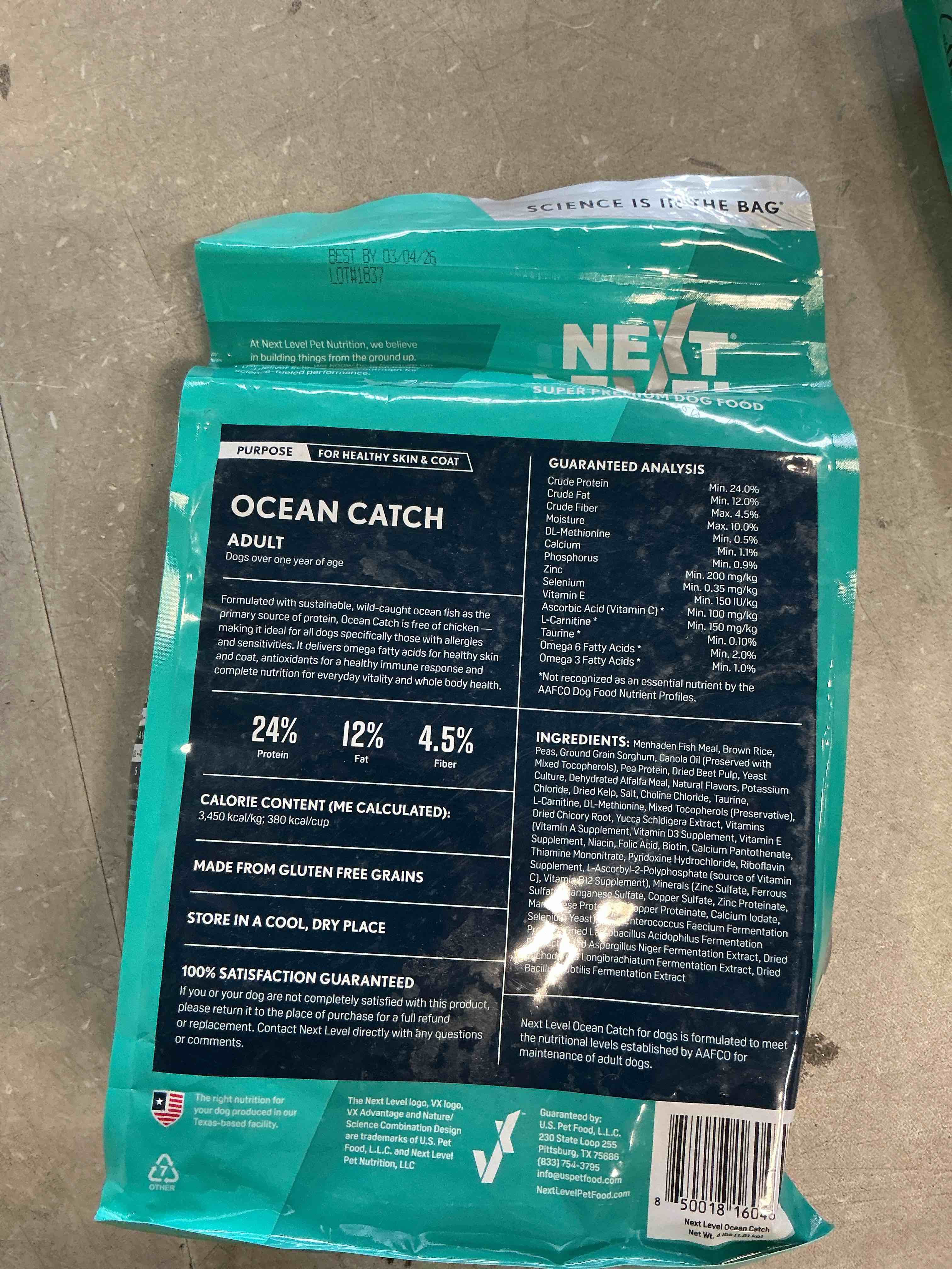 Condition photo showing New/Like New for (Best by 03/04/2026) Next Level 111OC04 Ocean Fish Dog Food - 4 lbs - Case of 8