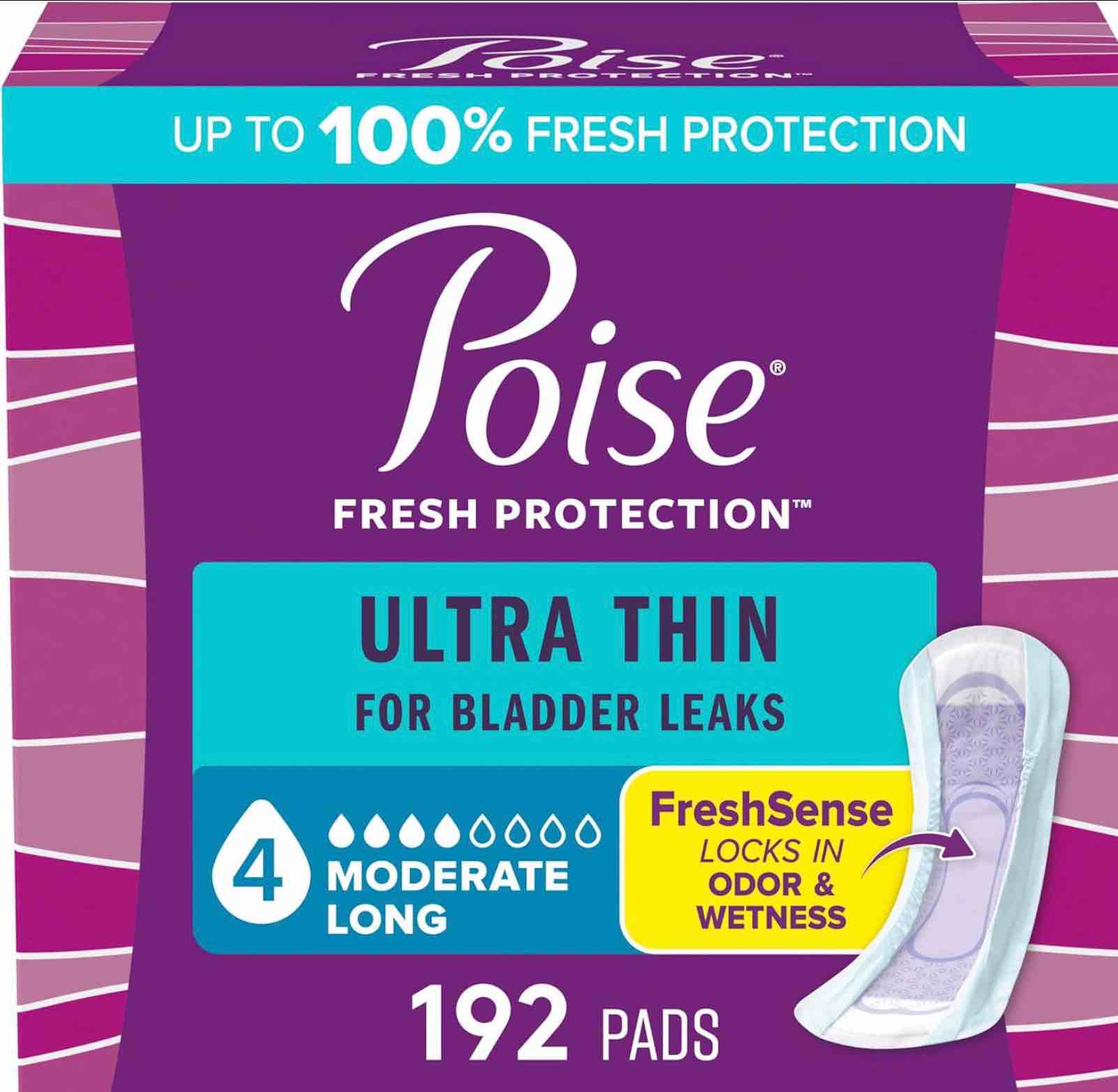 Poise Ultra Thin Incontinence Pads & Postpartum Pads for Bladder Leaks, 4 Drop Moderate Absorbency, Long Length, 192 Count (4 Packs of 48), Packaging May Vary Long Length 192