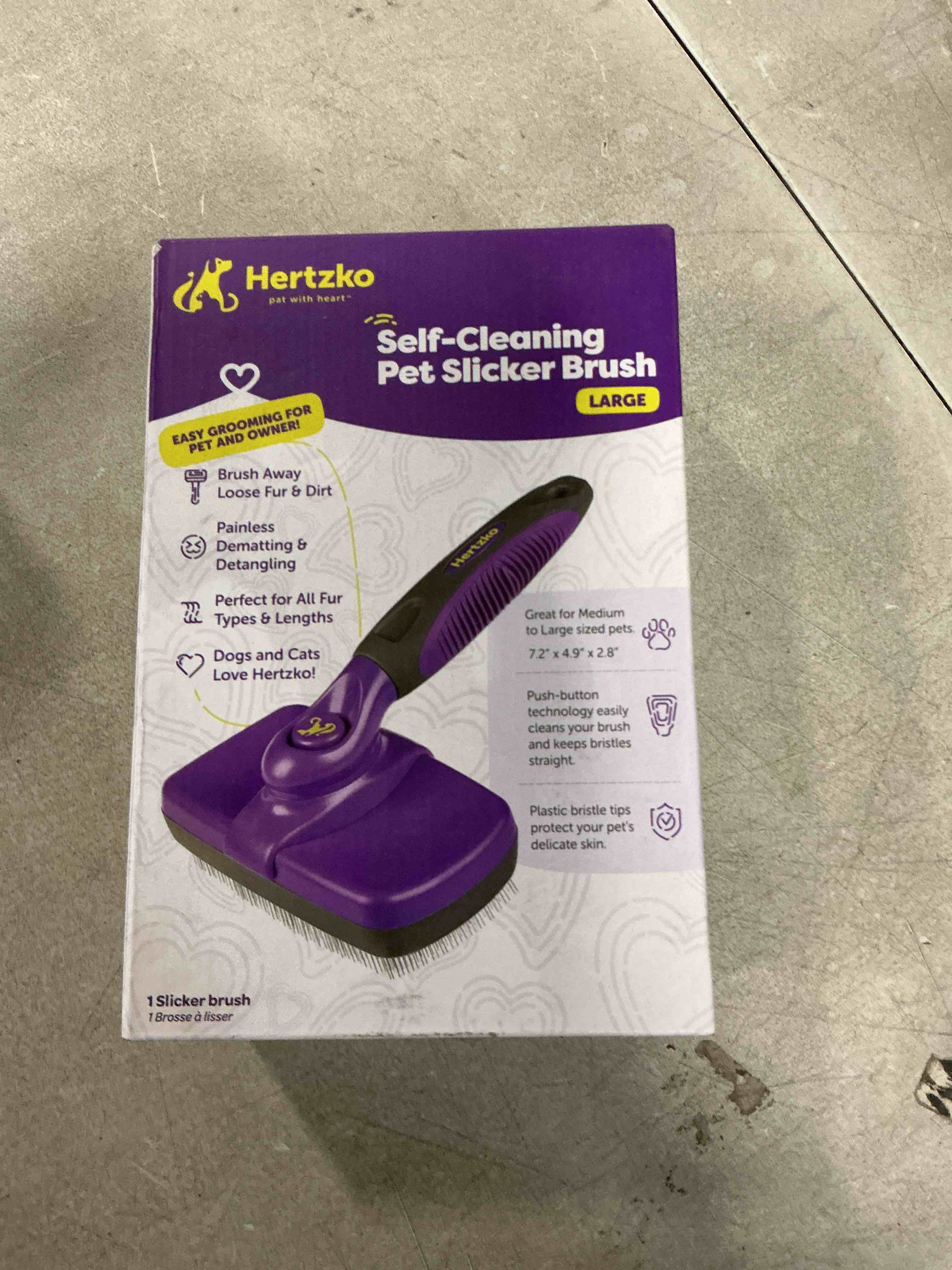 Condition photo showing New/Like New for Hertzko Self-Cleaning Slicker Brush - Cat and Dog Brush for Shedding, Tangles and Dirt - Gentle Grooming Tool for Sensitive Skin - Pet Hair Remover for Long and Short Coats - Purple
