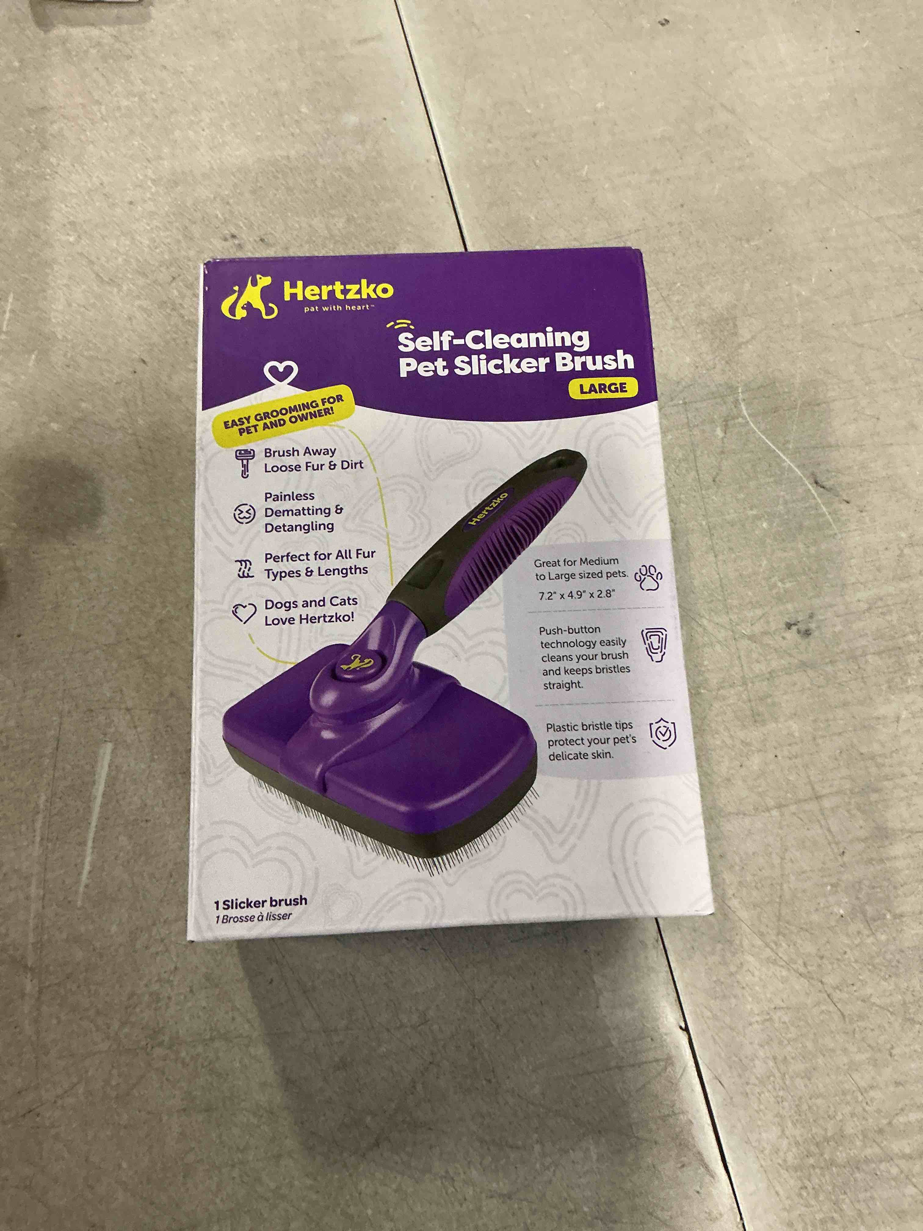 Condition photo showing item condition for Hertzko Self-Cleaning Slicker Brush - Cat and Dog Brush for Shedding, Tangles and Dirt - Gentle Grooming Tool for Sensitive Skin - Pet Hair Remover for Long and Short Coats - Purple