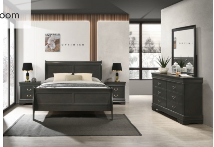 NeoLiving Sloane Gray 5 Piece Bedroom Set: Queen Bed, 2 Nightstands, Mirror and Dresser