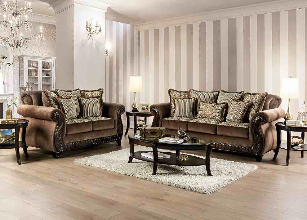 Neo Living NL630-15-LOVE Cecilia Ornate Carved Wood Loveseat & Sofa, Brown 