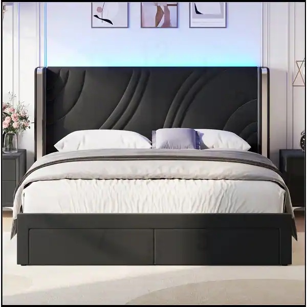 Velvet LED Bed Frame with Storage Drawers, Full Size 
