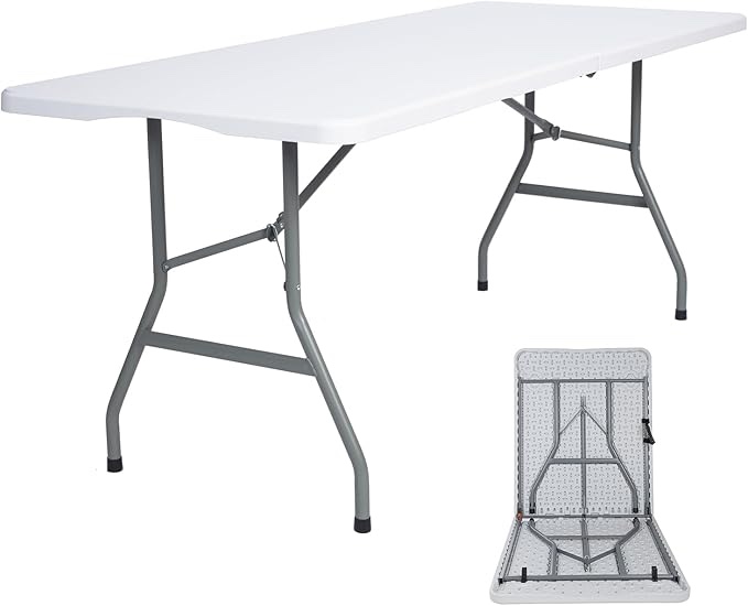 Folding Table 6ft Plastic Table Indoor & Outdoor for Picnic, Camping,BBQ and Party, with Powder Coated Steel Legs and Built in Carry Handle, White