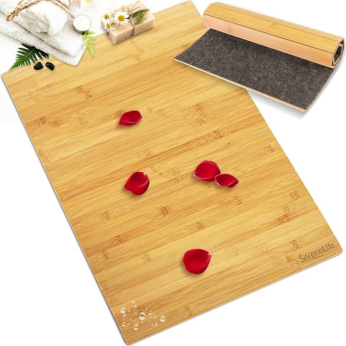 SereneLife SLFBMT20 - Natural Wood Bath Mat Water and Weather Resistant, with Strip of Various Panels, Foldable, Non-Slip Fabric for Indoor Use