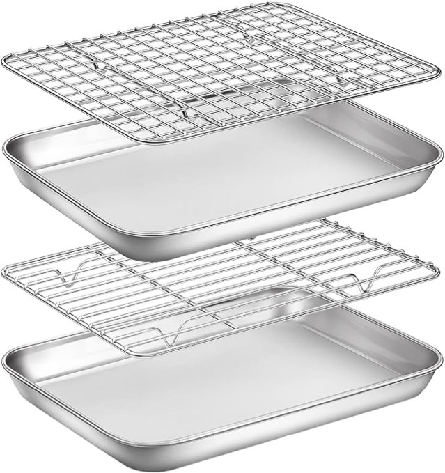 rottay baking sheet with rack set (2 pans + 2 racks), stainless steel cookie sheet with cooling rack, nonstick baking pan, warp resistant & heavy duty & rust free, size 16 x 12 x 1 inches