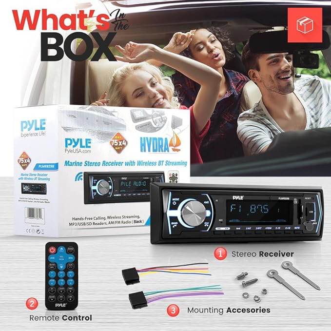 Pyle Marine Bluetooth Stereo Radio - 12v Single DIN Style Boat In dash Radio Receiver System with Built-in Mic, Digital LCD, RCA, MP3, USB, SD, AM FM Radio - Remote Control - PLMRB29B (Black)