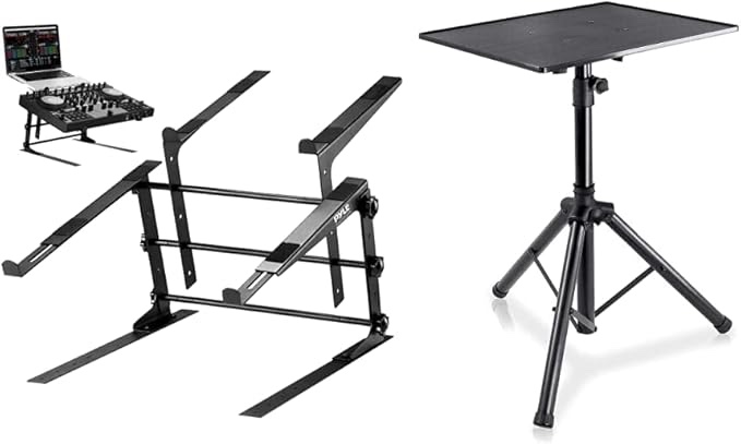Pyle Portable Dual Laptop Stand - Standing Table with Adjustable Height, Ergonomic Design & Anti-Slip Prongs for DJ Mixer, Sound Equipment, Workstation, Gaming & Home Use - PLPTS38, Black