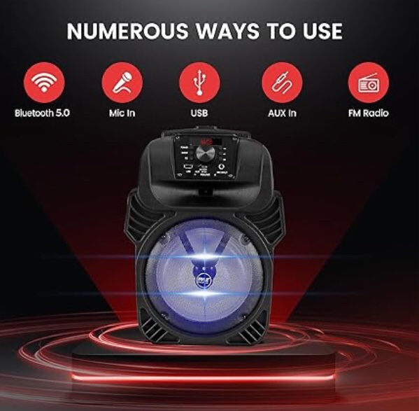 Pyle 400W Portable Bluetooth PA Loudspeaker - 8” Subwoofer System, 4 Ohm/55-20kHz, USB/MP3/FM Radio/ ¼ Mic Inputs, Multi-Color LED Lights, Built-in Rechargeable Battery w/ Remote Control -PPHP844B