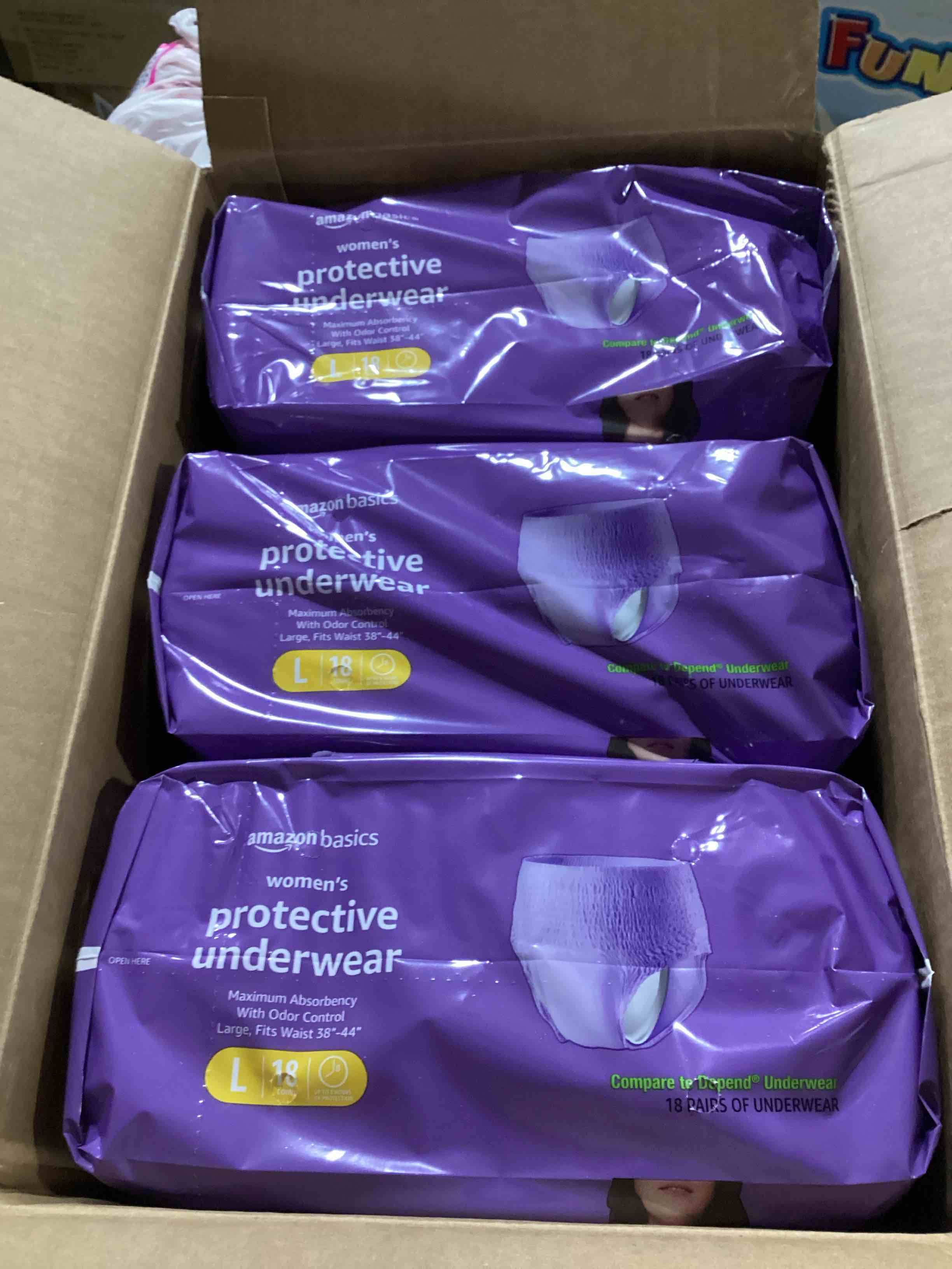 Case of 3 Packs of 18 Amazon Basics Incontinence Underwear for Women, Protective, Disposable, Postpartum, Maximum Absorbency, Large, Lavender, 18 Count