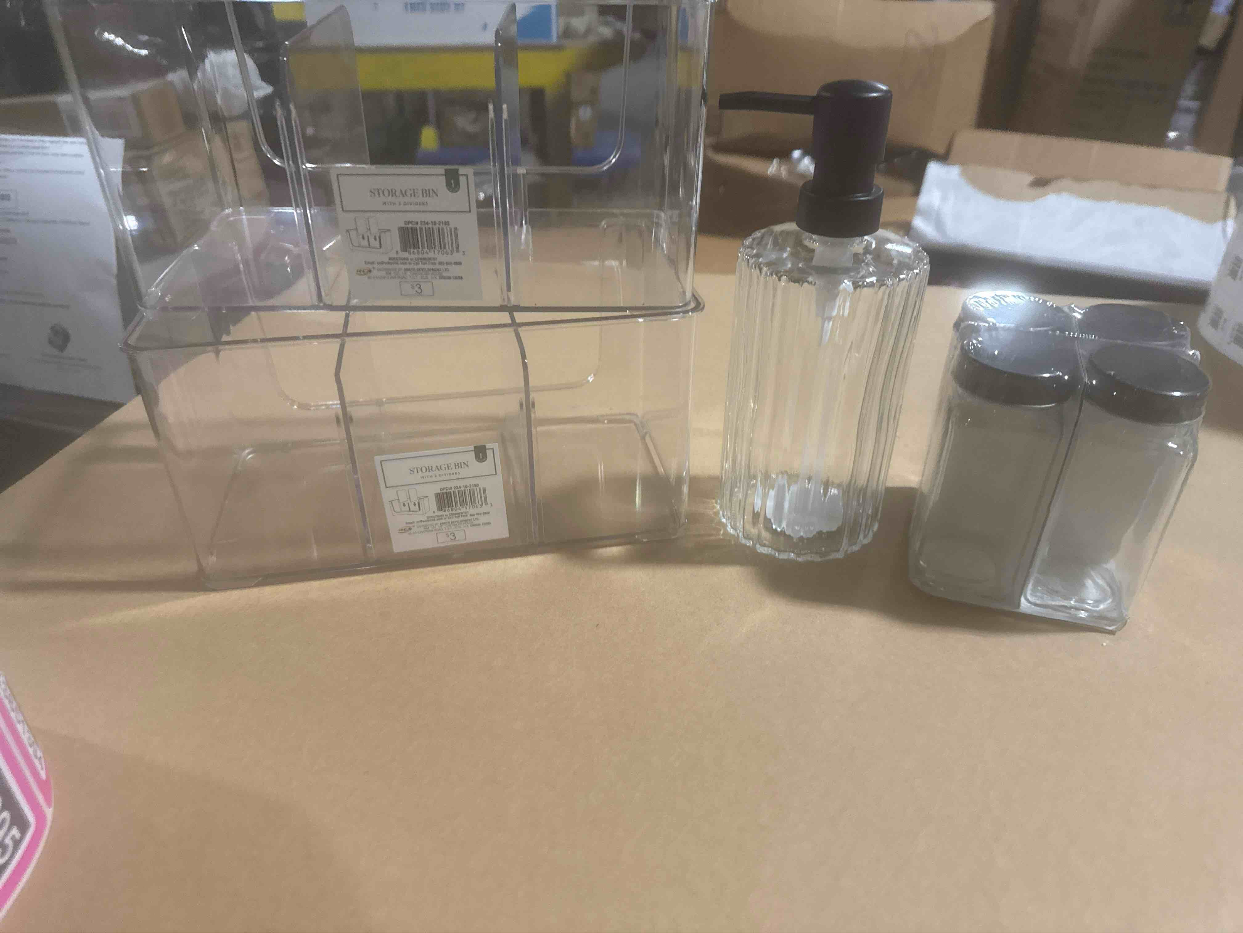 assorted organizers. spice jars and pump dispenser 