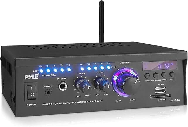 Pyle PCAU48BT - Bluetooth Mini Blue Series Stereo Power Amplifier 2 x 120 Watt USB Charge Port USB/SD Memory Card Readers RCA and AUX (3.5mm) Input Connector Jacks Remote Control