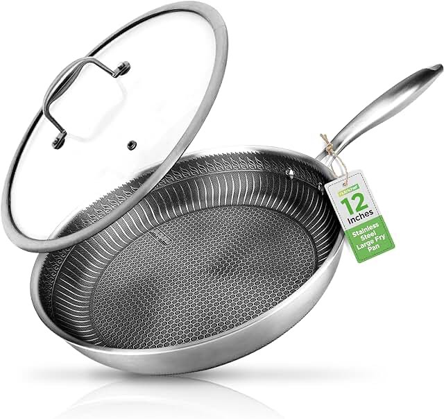 NutriChef NC3PL12 Nonstick Tri-Ply Stainless Steel Stir Fry Pan with Glass Lid 12 inch