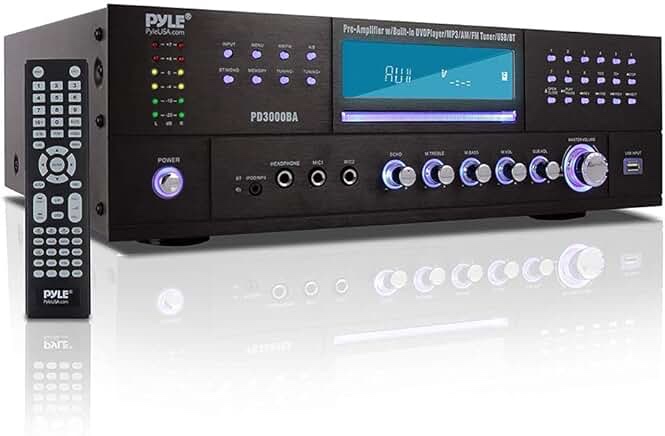 Pyle 4 Channel Wireless Bluetooth Amplifier - 3000 Watt Stereo Speaker Home Audio Receiver w/ FM Radio, USB, 2 Microphone w/ Echo for Karaoke, Front Loading CD DVD Player, LED, Rack Mount - PD3000BA