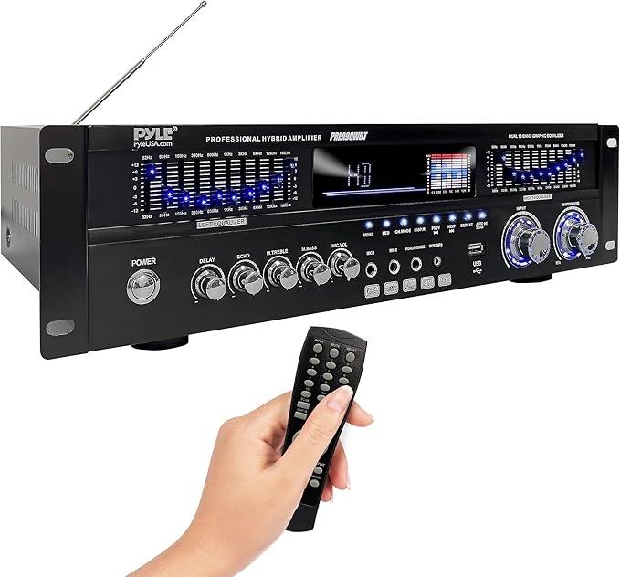 Pyle 6-Channel Bluetooth Hybrid Home Amplifier - 1600W Home Audio Rack Mount Stereo Power Amplifier Receiver w/ Radio, USB/AUX/RCA/MIC, HD/OPT/COAX, AC-3, DVD Inputs, Dual 10 Band EQ - PREA90WBT (B08JMF1YDG)