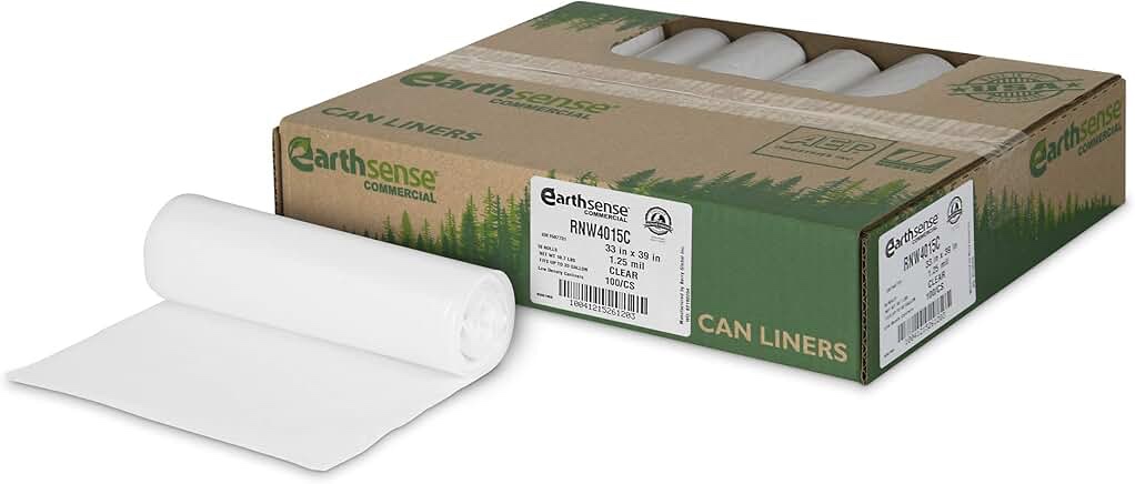 Earthsense Commercial RNW4015C Can Liner, 33" x 39", 31-33 Gal, 1.25 mil Thickness, Low Density Polyethylene, Clear (Case of 100)