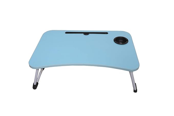 RJKART Wooden Multi-Purpose Laptop Table with Dock Stand Foldable & Portable Study Bed Table Rounded Edges (Blue)