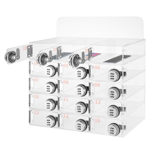 Reallnaive 15 Slots Cell Phone Locker with Combination Lock, Cell Phone Storage for Classroom, Clear
