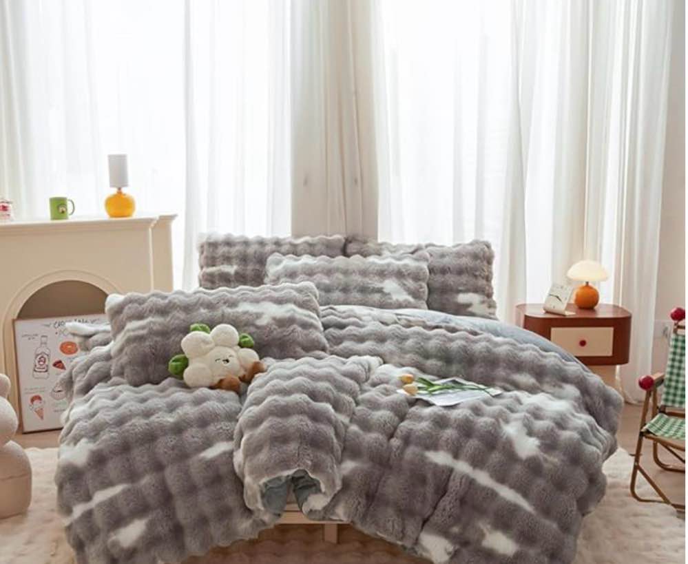 Rabbit Plush Bread Grid Gray White Faux Fur Duvet Cover Comforter Cover Full - 3PC Bed Set Ultra Soft Shaggy Flannel Velvet Fluffy Fuzzy Bedding?Duvet Cover x 1 Pillowcases x 2?