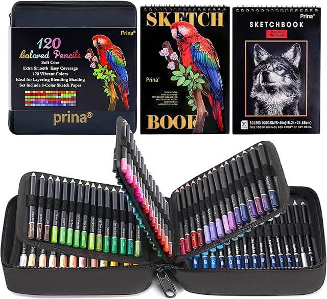 prina art supplies 120 colors colored pencils set for adults coloring books with sketchbook, professional vibrant artists coloring pencils for drawing sketching blending shading, soft core oil based