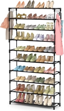 10 tiers shoe rack 50 pairs large capacity tall shoe organizer sturdy shoe storage with two hooks space saving metal wide shoe rack for closet, entryway, bedroom, black