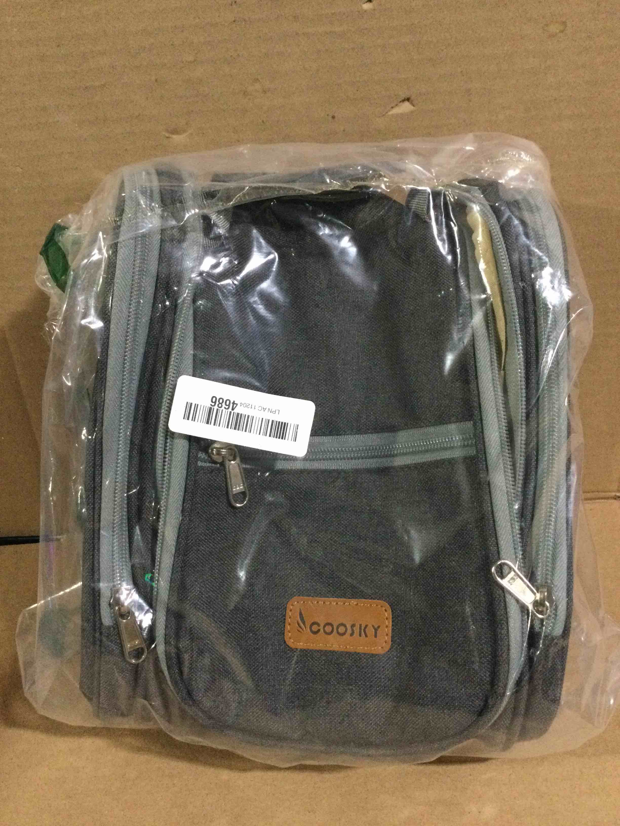 Condition photo showing New/Like New for gray COOSKY Hanging Travel Toiletry Bag for Women and Men, 6 Organizer Compartments, Large Toiletries essentials, Bathroom Cosmetic Accessories, Water-resistant Makeup Bag, Holds Full-Size Shampoo, gray