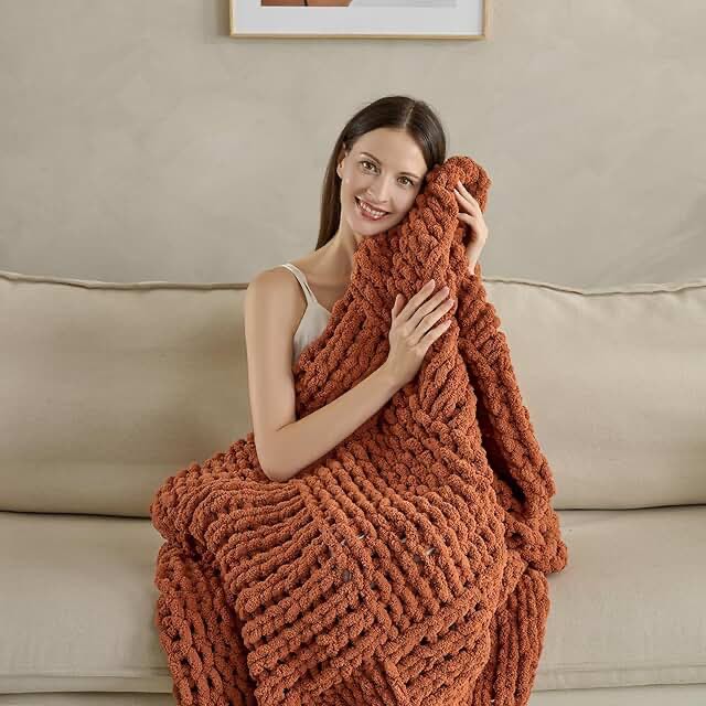 soft knitted throw blanket, orange 
