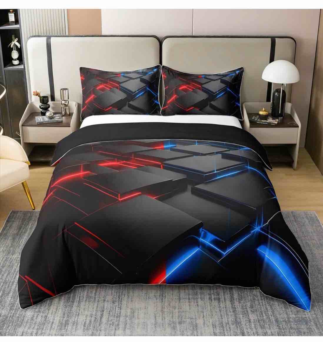 red, blue and gray comforter set 