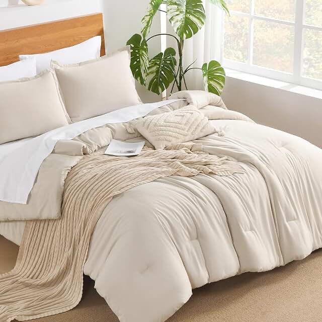 Andency Beige Queen Comforter Set - 7 Pieces Cream Bed in a Bag Queen Bedding Comforter Sets, Summer Solid Soft Lightweight Comforter with Fitted Sheets, Flat Sheets, Pillowcases & Shams