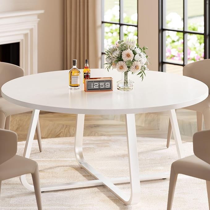round dining table, modern wood metal kitchen table, industrial small dinner room white