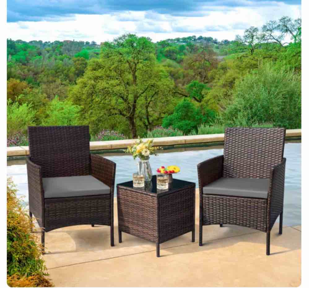 3-Piece Outdoor Rattan Furniture Set with All-Weather Cushions,Modern Patio 