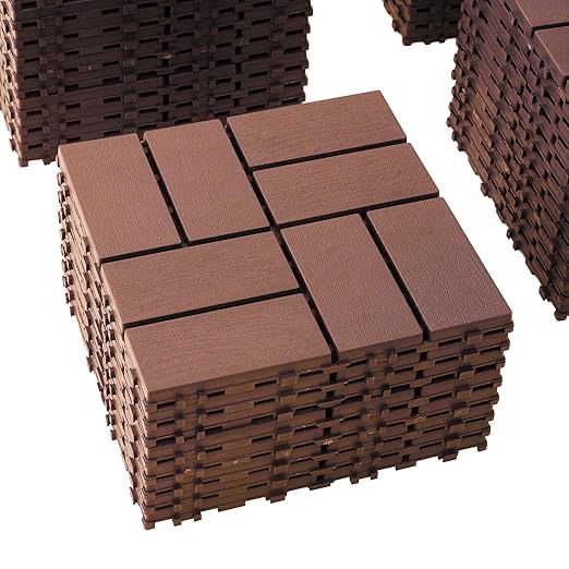44pcs 12x12in Plastic Interlocking Deck Tiles All Weather Waterproof Brown