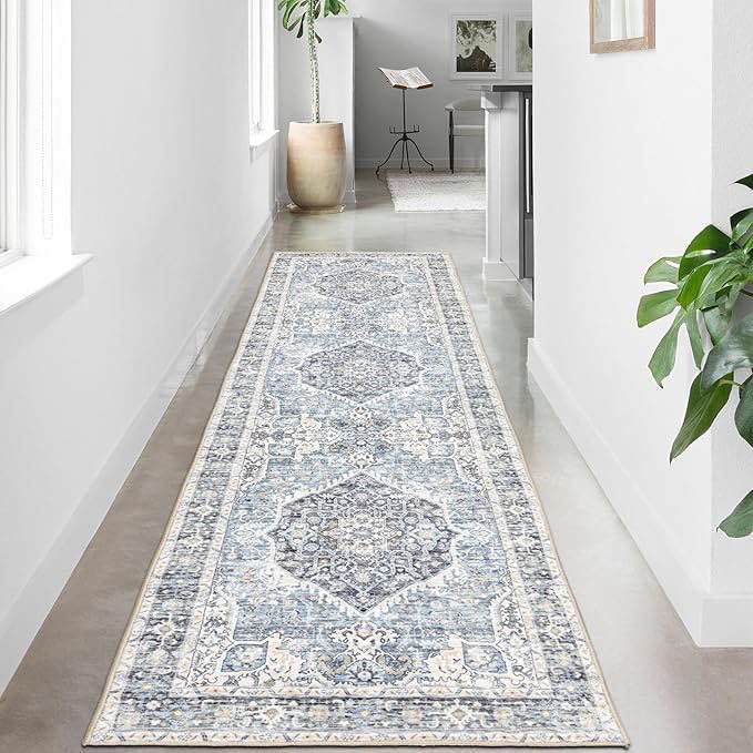 runner rug 2×6, vintage boho rug,ultra-soft low pile, washable, non slip,stain resistant printed carpet for hallway kitchen living room bedrooms playroom office, light blue