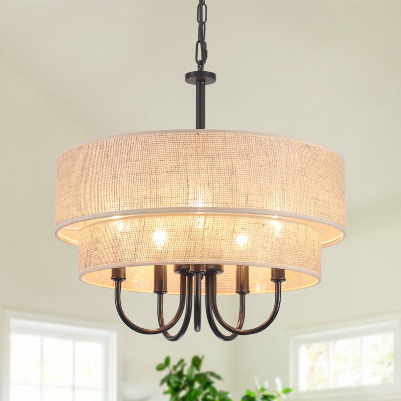 Roelke 5 - Light 2-tier Dimmable Bohemian Rattan Double Drum Rattan Chandelier With Hand Woven Hemp Rope Shade