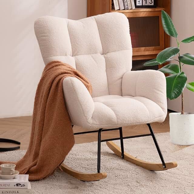 NIOIIKIT Nursery Rocking Chair Teddy Upholstered Glider Rocker Rocking Accent Chair Padded Seat with High Backrest Armchair Comfy Side Chair for Living Room Bedroom Offices (missing hardware )